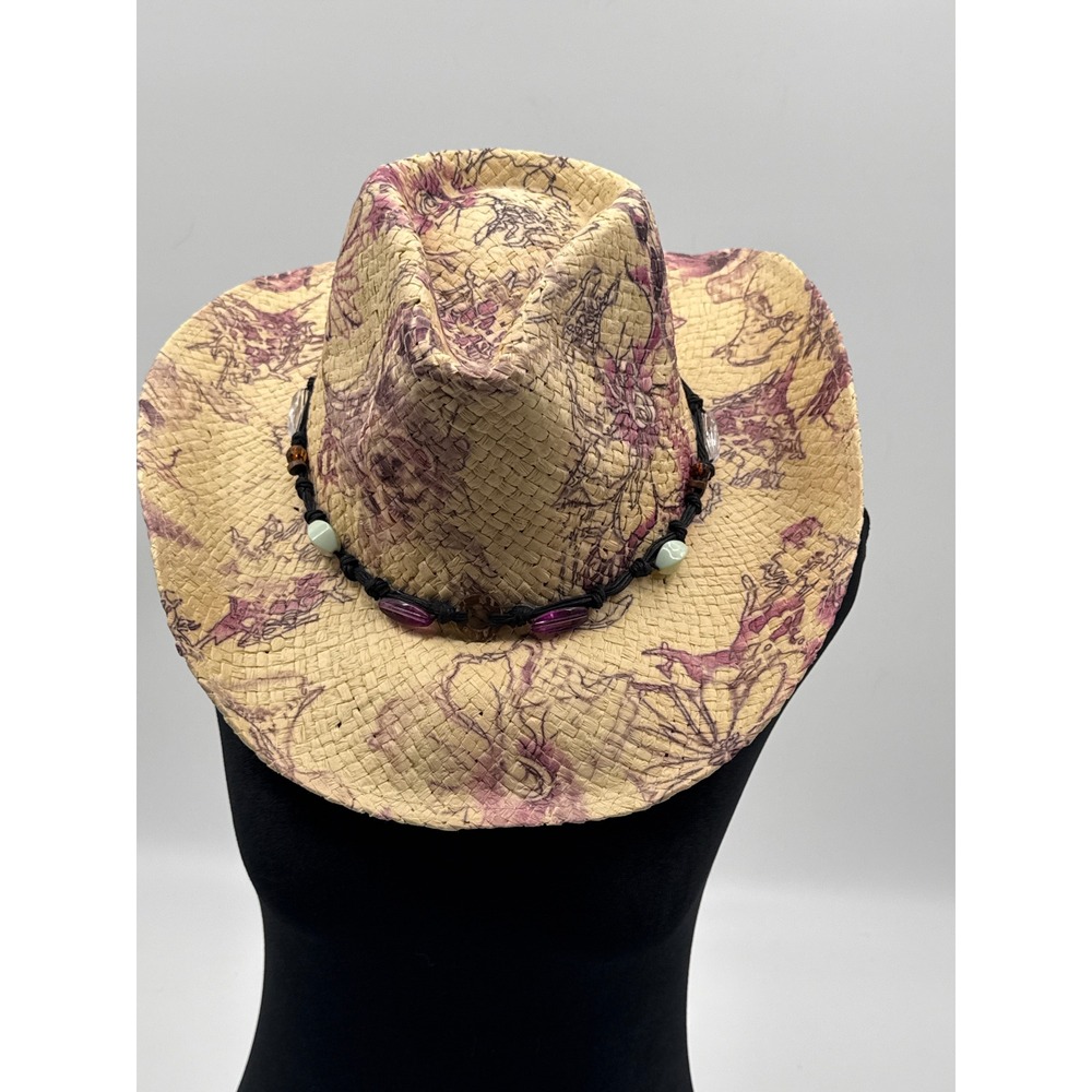 Stone Age Straw Cowboy Hat Purple Floral Print Beaded Western Boho SWT-3695